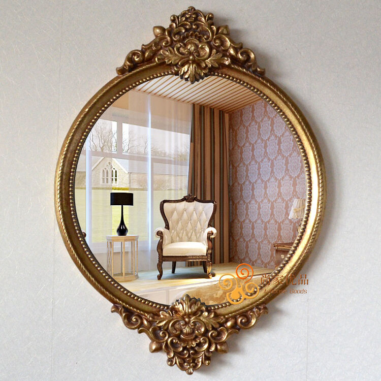 中式后现代古典壁挂卫浴圆形镜子贴箔雕花化妆浴室美容镜 复古金色