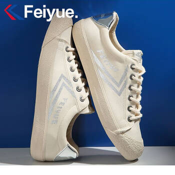 飞跃男鞋低帮夏季透气韩版复古国潮帆布鞋男潮流百搭运动休闲板鞋 米