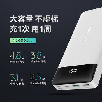 睿能宝(ravpower)充电宝20000毫安 苹果大容量移动电源 pd双向快充qc