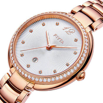 飞亚达fiyta女士手表倾城系列白盘玫瑰金色带月相盘面石英百搭商务