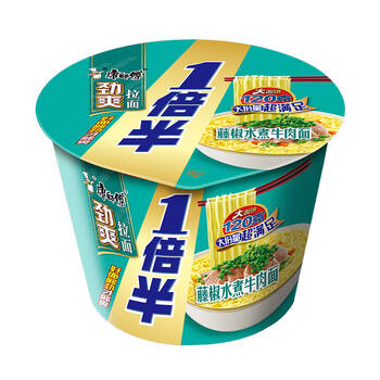 康师傅方便面劲爽一倍半大面饼藤椒水煮牛肉137g12桶桶面泡面整箱装