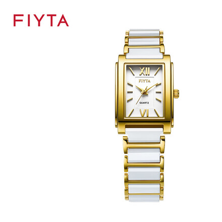 飞亚达(fiyta)倾城系列女士石英表 复古金色间陶瓷表带方形手表女 l