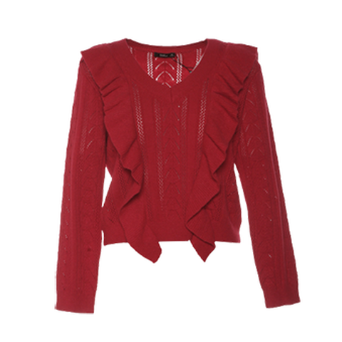 百图 V领荷叶边针织衫