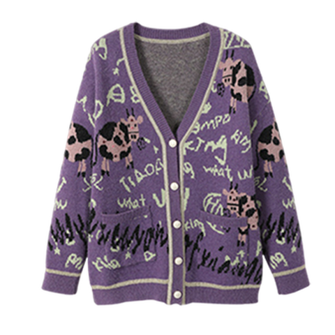 香影紫色v领针织衫