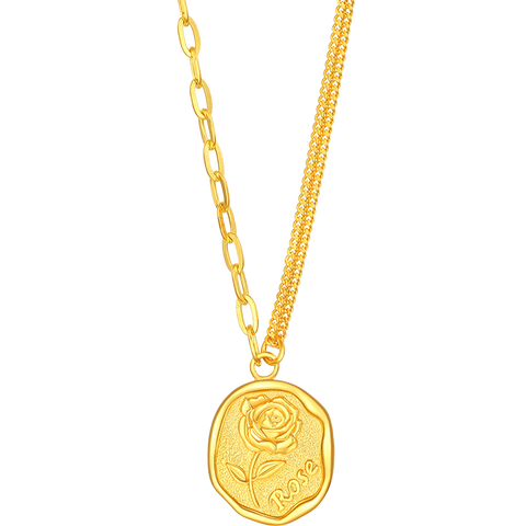 潮宏基玫瑰花牌黄金项链