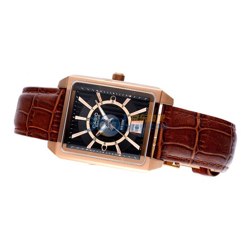 casio 卡西欧 beside系列玫瑰金方形皮带男表 bem-120gl-1av