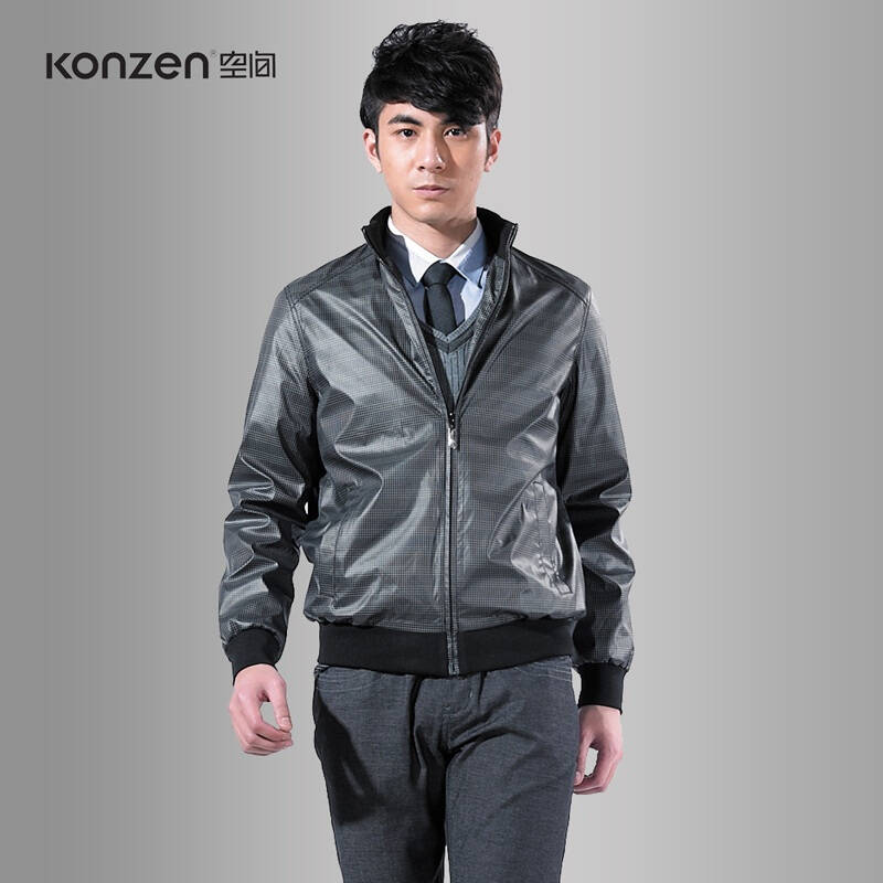 konzen空间自由空间 新款男装立领合身格仔防水夹克11329236 黑色96
