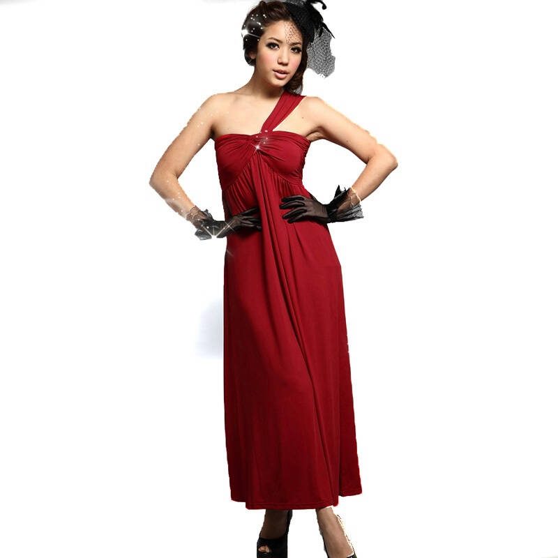 高贵晚礼服单肩吊带裹胸长裙 斜肩小礼服连衣裙晚装2695 枣红色 xl