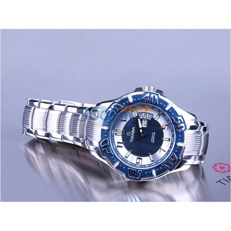 02钢原色不锈钢表壳银色间蓝色表盘钢原色钢带石英男表