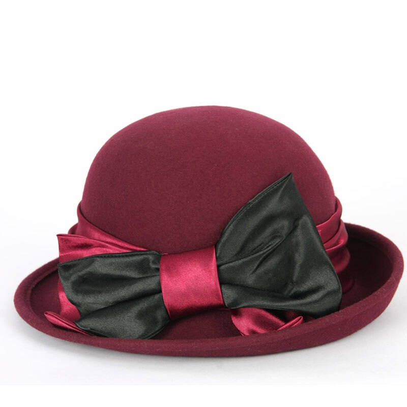 mossant优雅绸缎蝴蝶结礼帽 酒红色 57