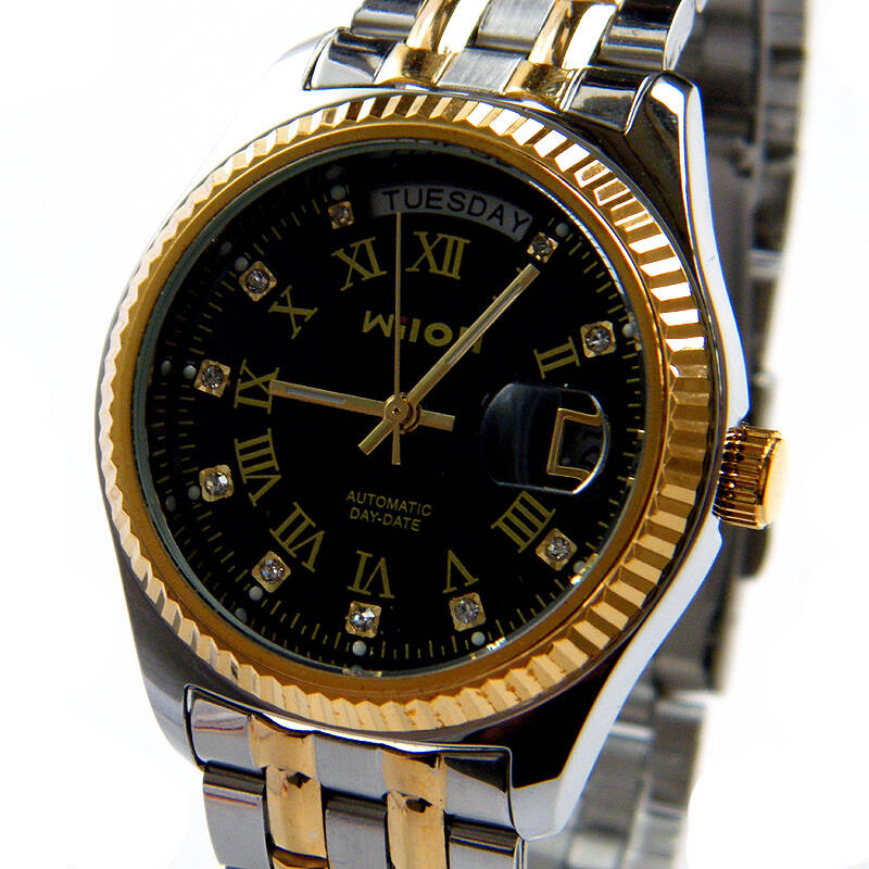 wilon威龙 罗马间金双历商务全自动机械手表820g男表黑色表面