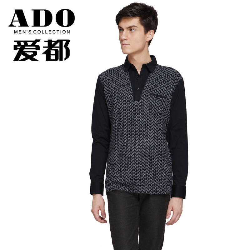 ado爱都男装春季新品 t恤 男 长袖 男士商务休闲男士t恤 黑色 185