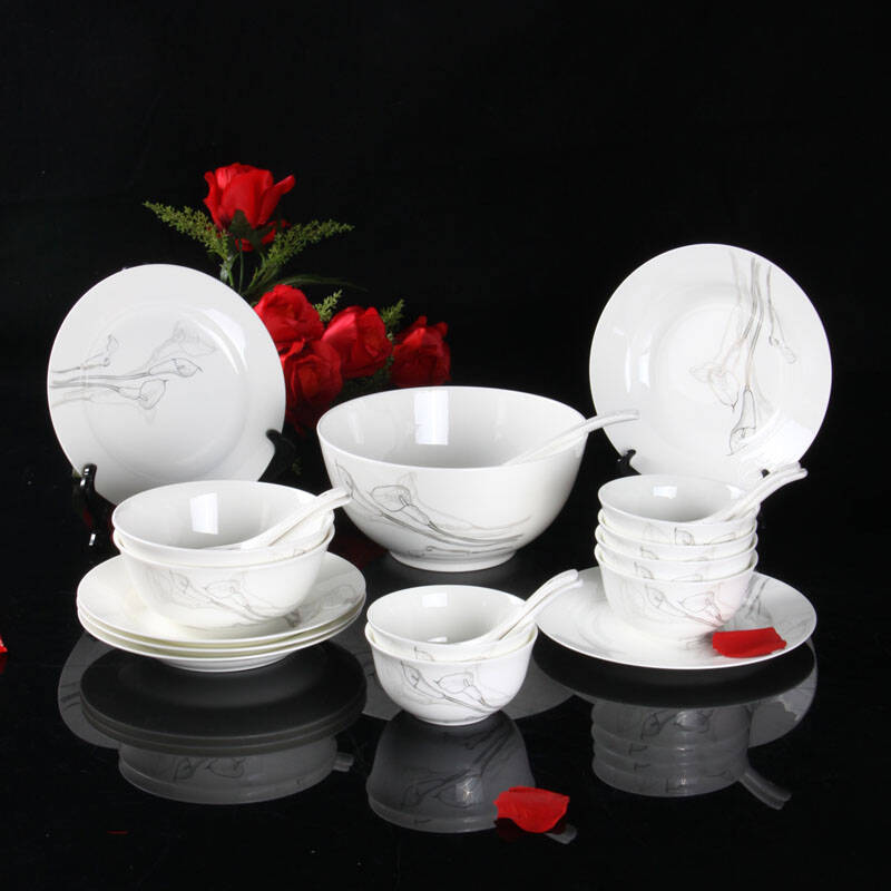 品源轩骨瓷 唐山陶瓷器骨质瓷高档无铅22头圆形餐具礼盒套装 金百合 4