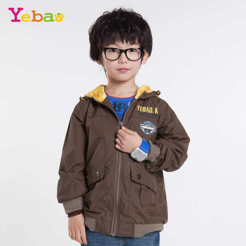 野豹童装春款男童休闲时尚格子带帽夹克拉链衫儿童开衫外套30295 黄格