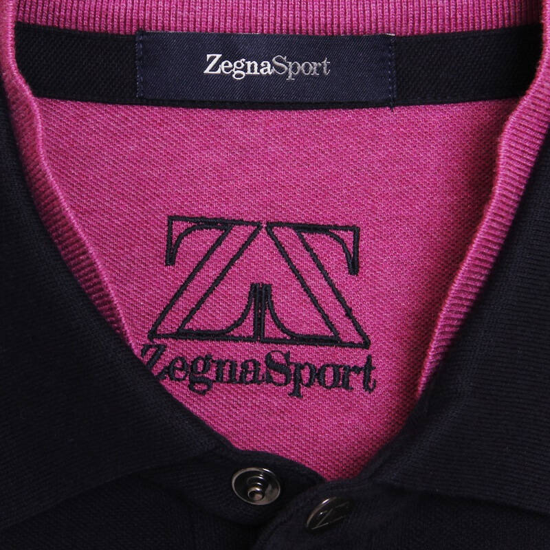 zegna sport 傑尼亞 男式深藍色棉印字橫條logo短袖深藍色紫色雙層領