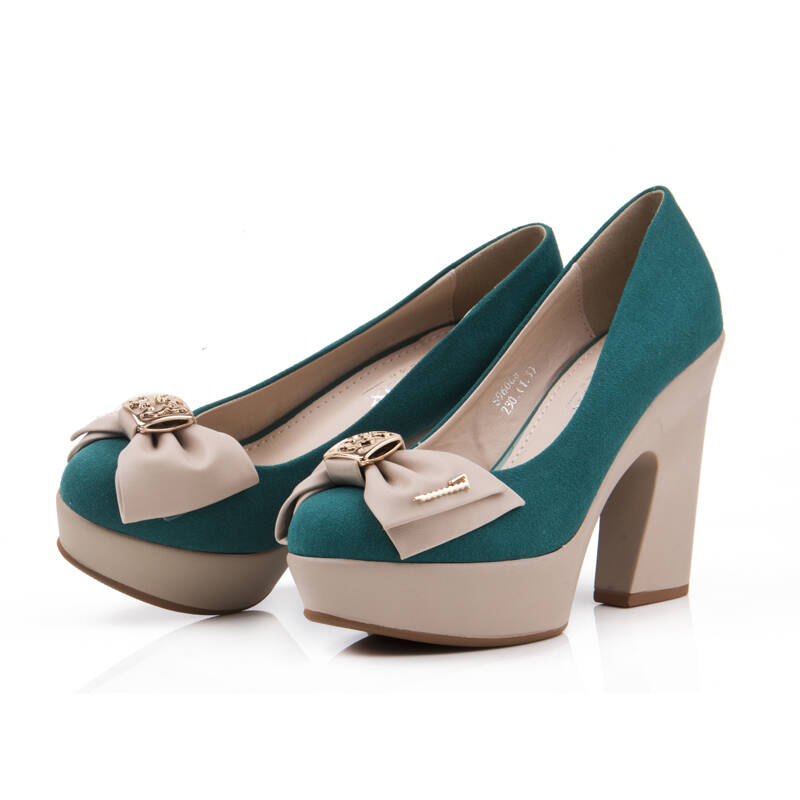 幸运鸟春季新款气质浅口粗高跟单鞋拼色圆头防水台女鞋子x96068 蓝色