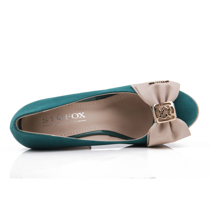 幸运鸟春季新款气质浅口粗高跟单鞋拼色圆头防水台女鞋子x96068 蓝色