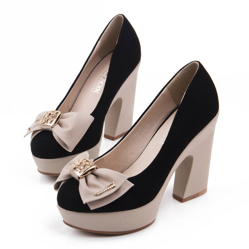 幸运鸟春季新款气质浅口粗高跟单鞋拼色圆头防水台女鞋子x96068 黑色