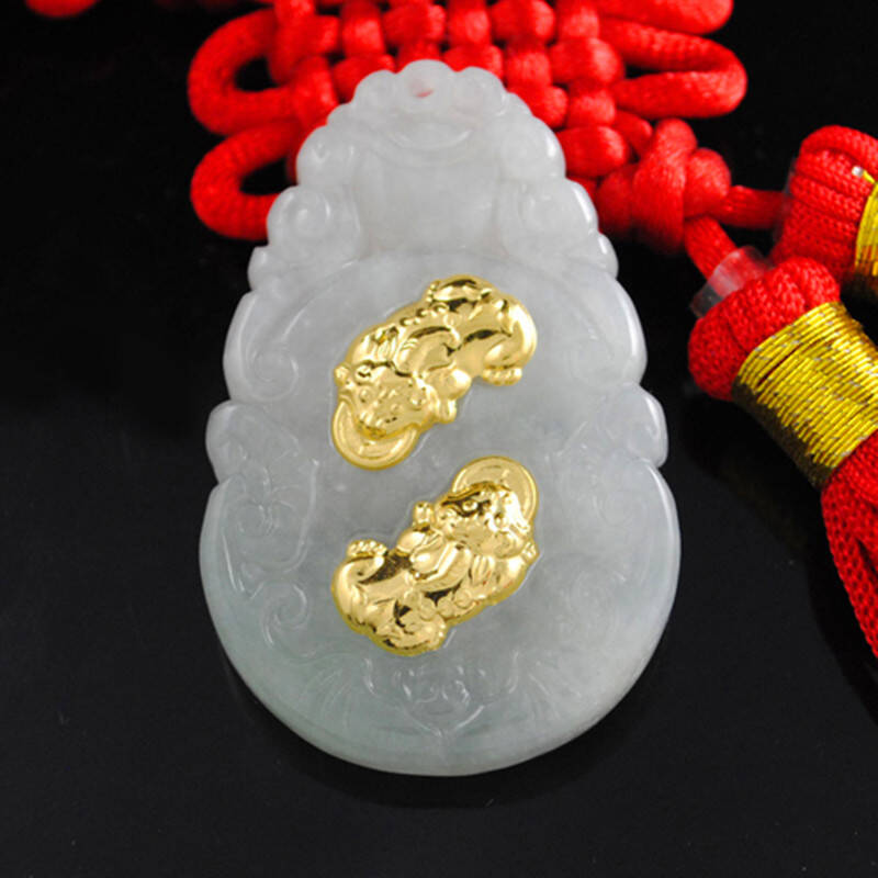 伊莱特珠宝 玉镶金挂件 千足金镶玉器天然翡翠双貔貅吊坠 证书