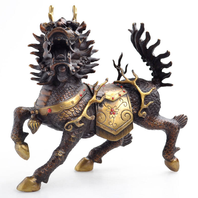 祥礼 开光风水麒麟送子 摆件 大号一对纯铜威武麒麟紫铜 铜麒麟 中号