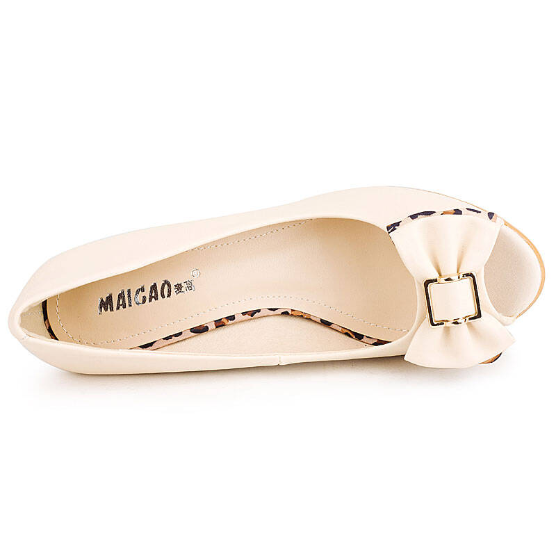 麦高maigao 夏款女式蝴蝶结装饰时尚坡跟豹点凉鞋 c23719 米色 34