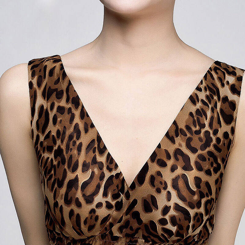 7紫2014夏装大v领收腰开叉蛋糕边大摆雪纺连衣裙z8081 豹纹色 s