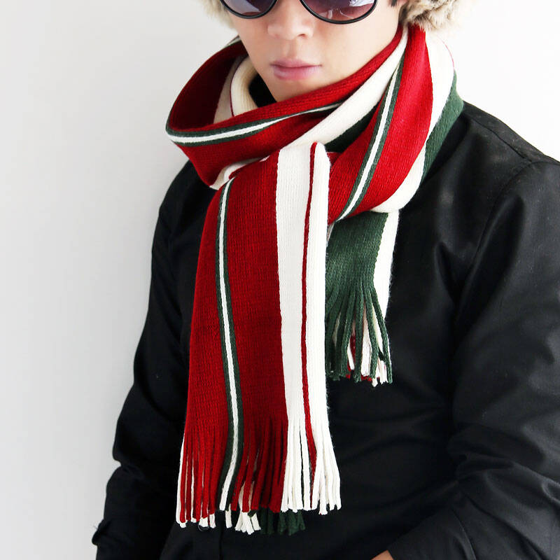迷人微笑 秋冬男围巾时尚潮流条纹仿羊绒围脖厚实保暖防寒 绿色