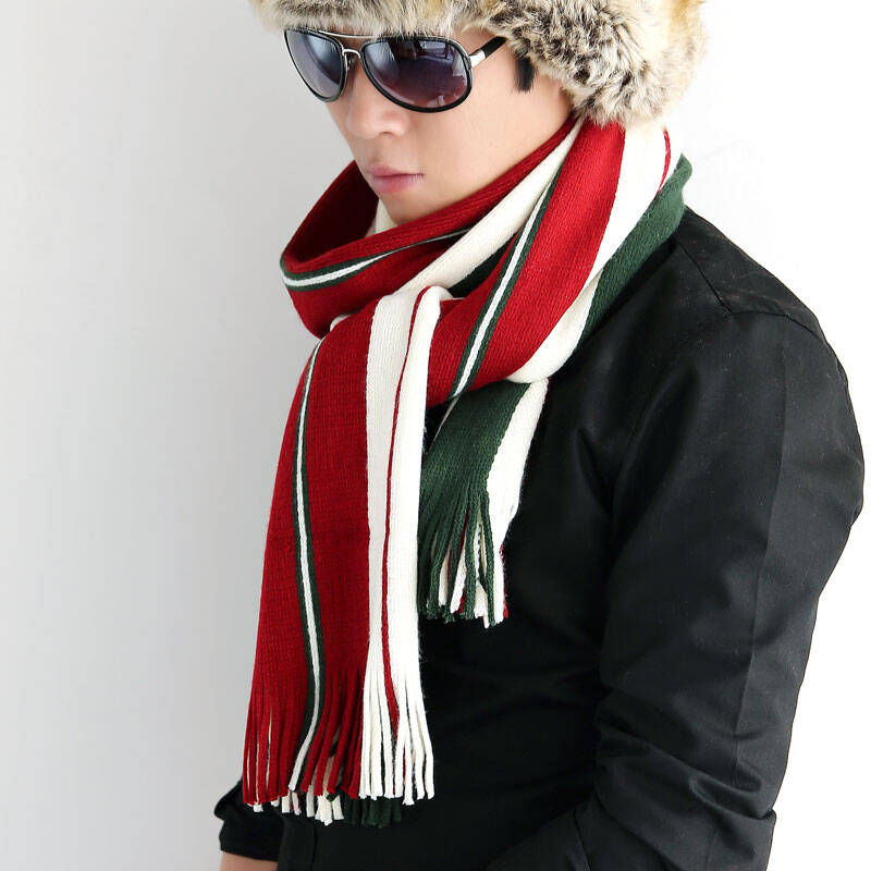 迷人微笑 秋冬男围巾时尚潮流条纹仿羊绒围脖厚实保暖防寒 绿色