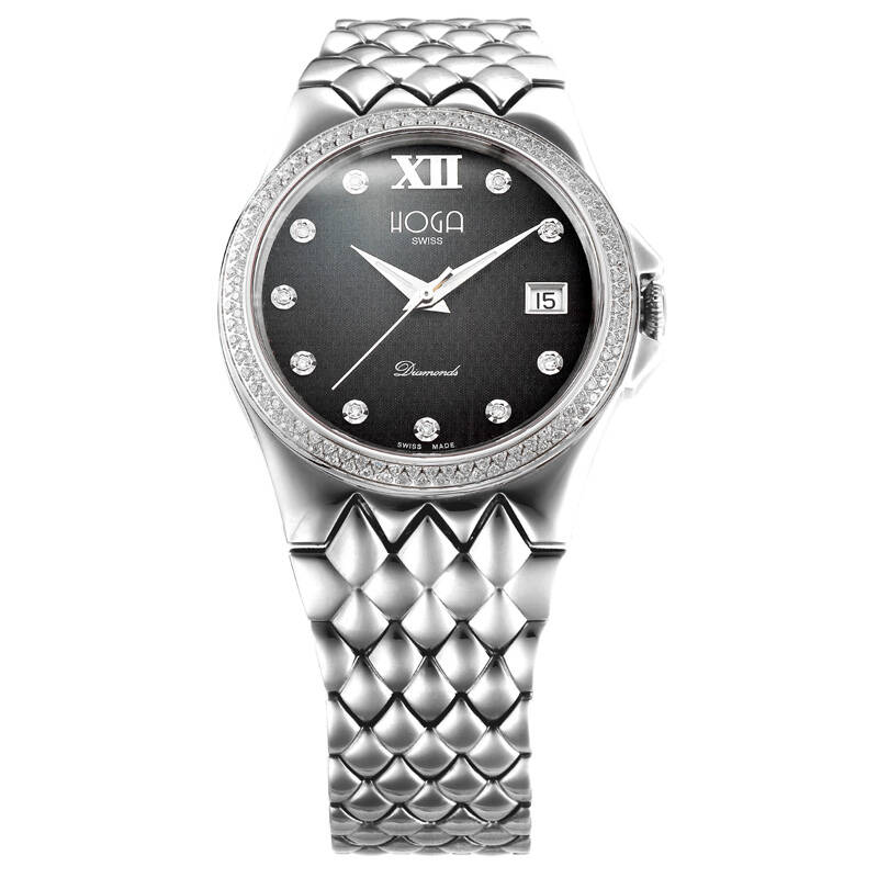 皇爵(hoga)精钢日历真钻防水极致荣耀自动机械表男表黑色款hg035cg001