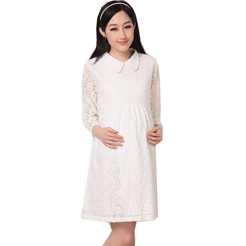 孕妇装 夏装 新款孕妇裙 韩版修身 蕾丝纯棉孕妇裙 孕妇连衣裙 白色 l
