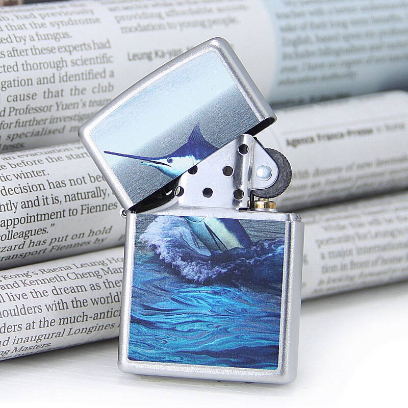 zippo 打火机缎纱射印 蓝色海洋 剑鱼飞鱼28444