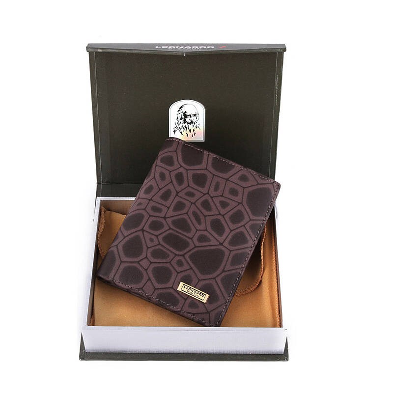 leonardo利奥纳多老人头男士头层牛皮石纹竖款钱包带活页啡色6101022