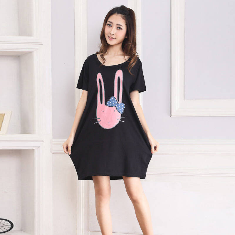 袖娣2013夏季女装新款韩版兔子印花款式大码短袖t恤 黑色 均码