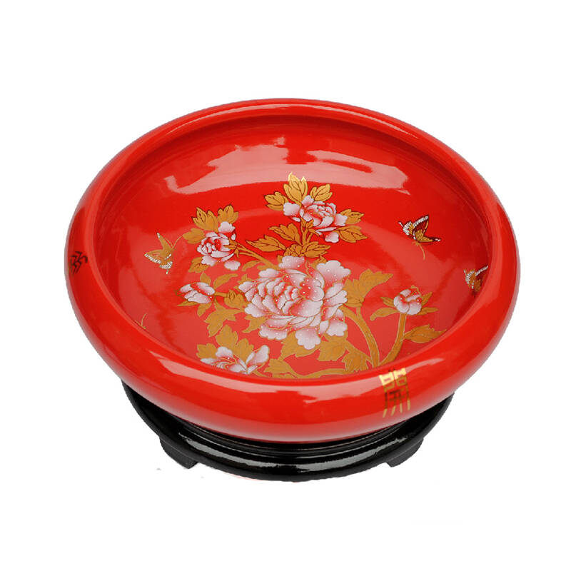 中國紅花瓶筆洗瓷器 現代婚慶禮品 裝飾擺件家居擺設 (送底座) 金牡丹