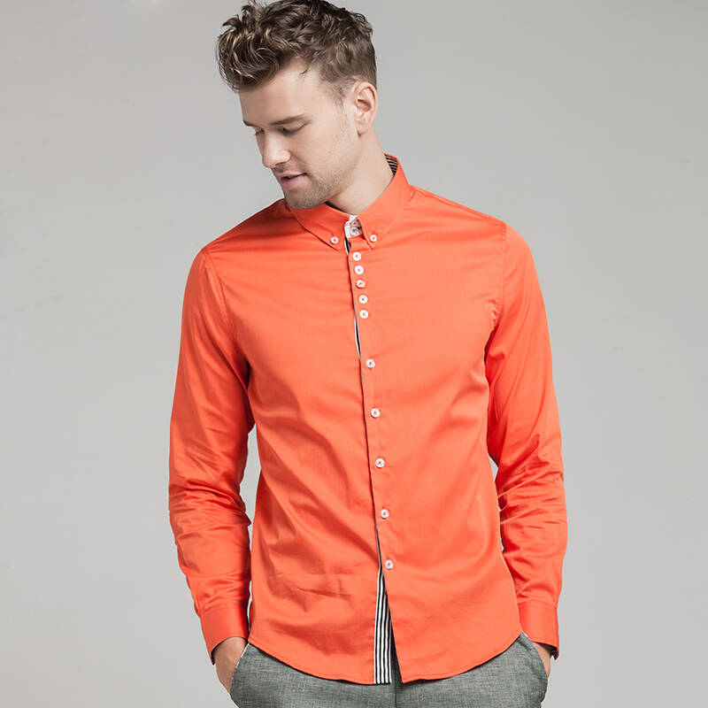 衬衫男长袖韩版修身秋季衬衫男士衬衣 纯棉纯色休闲 14167 14167 橘色