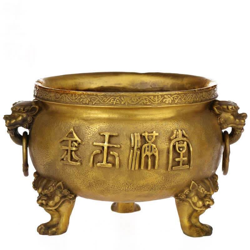 祥礼 开光金玉满堂香炉 纯黄铜聚宝 风水摆件 招财工艺品 大号 金玉