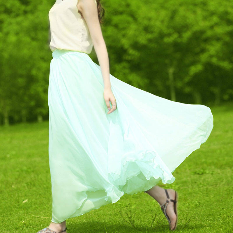 suomisi 夏季包臀百褶拖地 雪纺半身裙 仙女三层雪纺长裙 0088 浅绿色