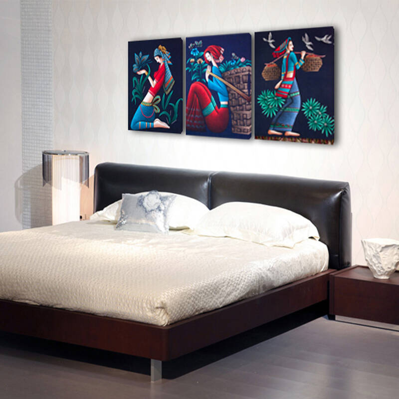 塞拉维 客厅现代简约装饰画 电表箱挂画壁画 无框画三联画 黎族姑娘