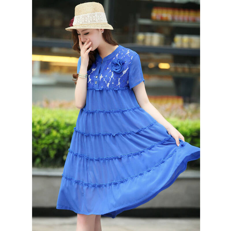 碧优妮夏新款短袖宽松大码立领仿真丝连衣裙女520722 蓝色 3xl建议140