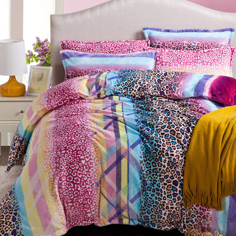 水漾家纺加厚珊瑚绒浪漫婚庆双人床活性印花四件套 时尚彩色豹纹 2.