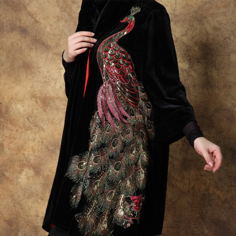 汝雅惠2014春装新款凤凰刺绣大码妈妈装中老年宽松丝绒外套大衣支持货