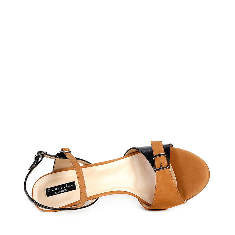 达芙妮印象新款女鞋羊皮拼色金属扣高跟凉鞋1213203064 棕色 34