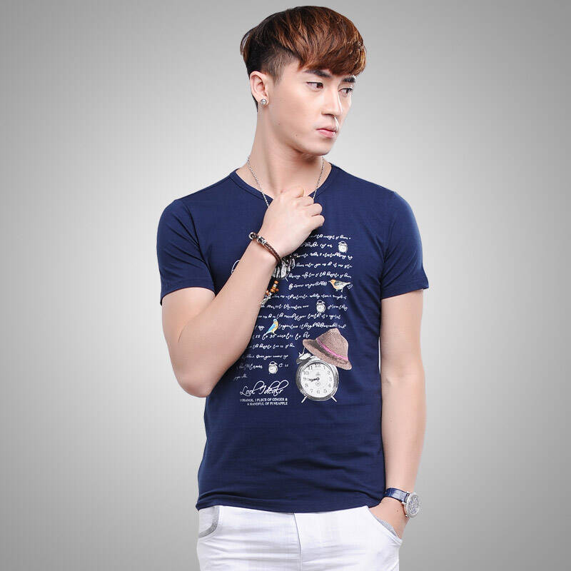 (gessdimer)2014夏装男士短袖t恤时尚休闲男圆领短袖棉t恤d27003 蓝色