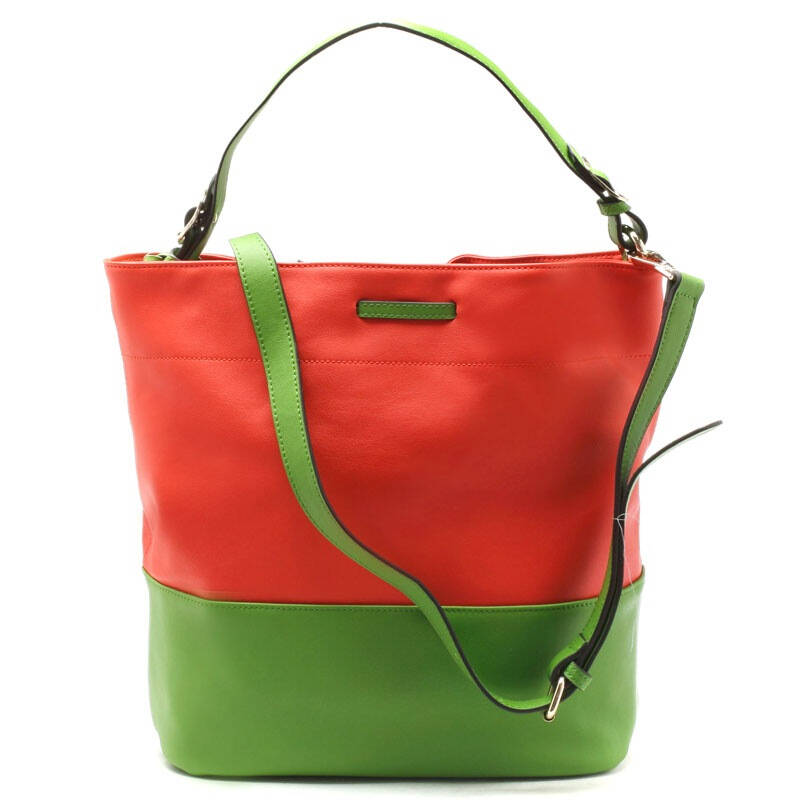 可尼尔kenier 靓色系列真皮拼色拉绳单肩手拎斜跨水桶包红加绿ke27