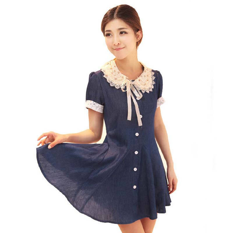 淑女阁 新款拼接蕾丝公主短袖牛仔裙|sn13-953 深蓝 xxl