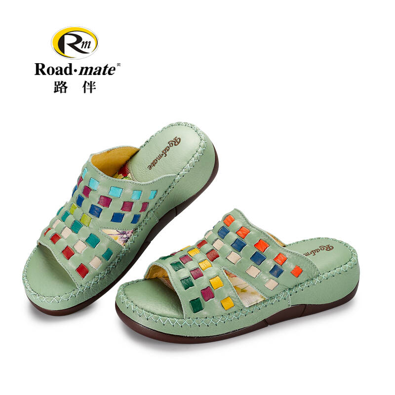 roadmate/路伴夏季露趾牛皮彩色编织格子女式休闲厚底