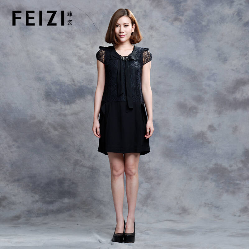 feizi菲姿2013夏季新款 女式蕾丝拼接圆领短袖时尚连衣裙 fo426 专柜