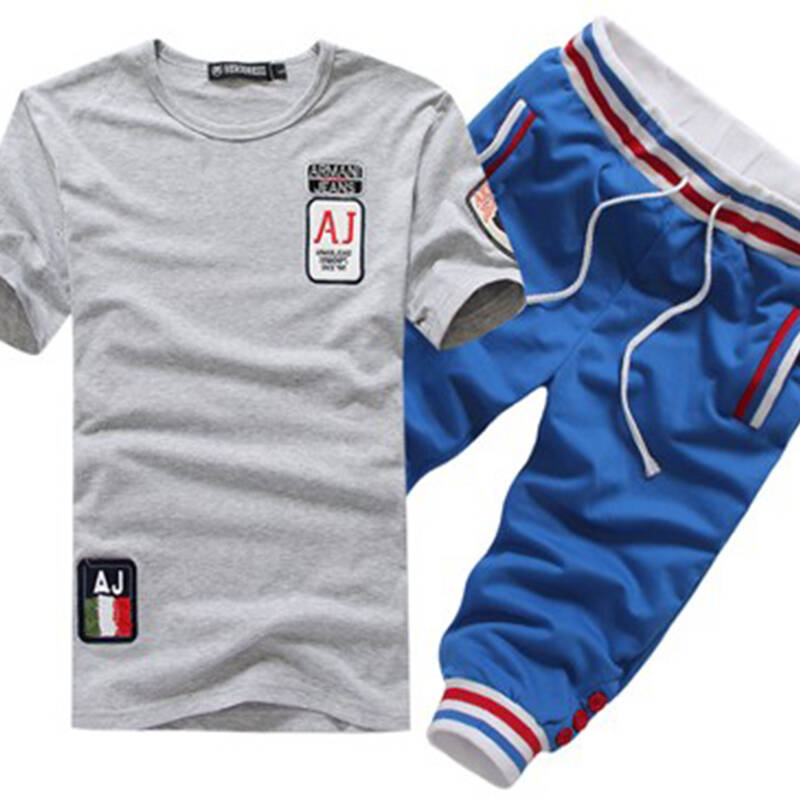 夏季新款韩版休闲哈伦情侣套装运动纯棉七分裤套装q88 cf45 灰t配蓝裤