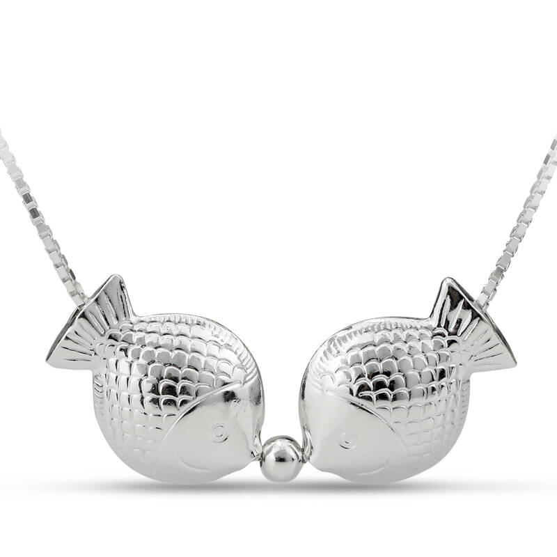 老银庄925纯银接吻鱼项链 女短款锁骨 双鱼座 亲吻鱼 亲嘴鱼银饰吊坠