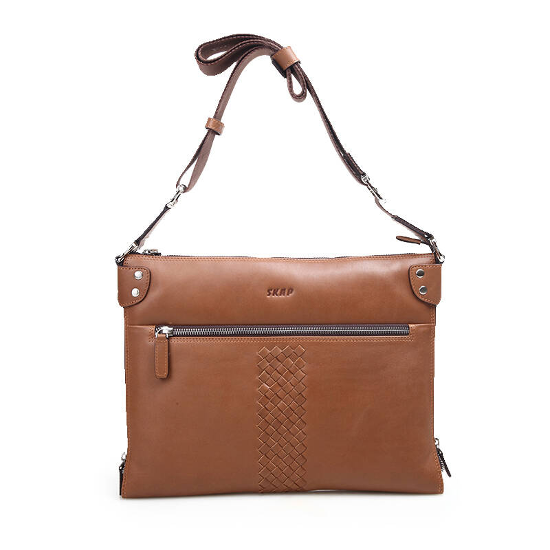 skap圣伽步擦色牛皮商务ol单肩包编织男包 20320722 浅啡/86 横款